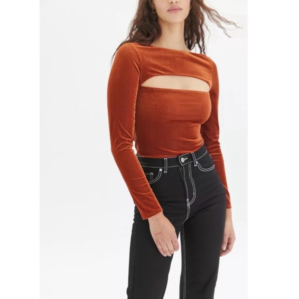 Urban Outfitters Orange Velvet Long Sleeve Peek Bodysuit Small